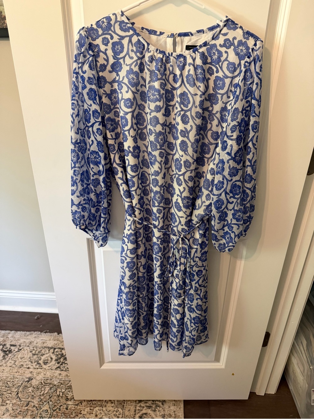 Ann Taylor Blue and White Floral Long-Sleeve Dress